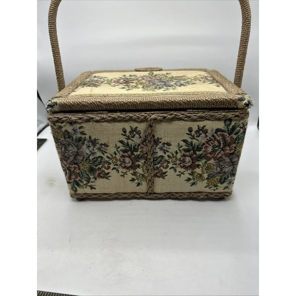 Tapestry Floral Woven  Sewing Basket Box Azar Made In Taiwan  Vintage